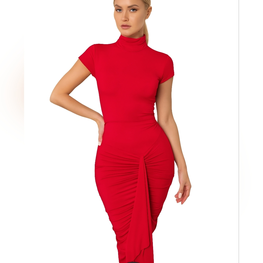 Cache Size 2 Red Funnel Neck Ruched Draped Front Bodycon Mini Dress Cap Sleeves